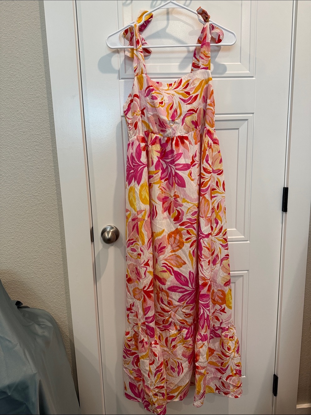 THML Pink and Yellow Floral Tie-Shoulder Maxi Dress